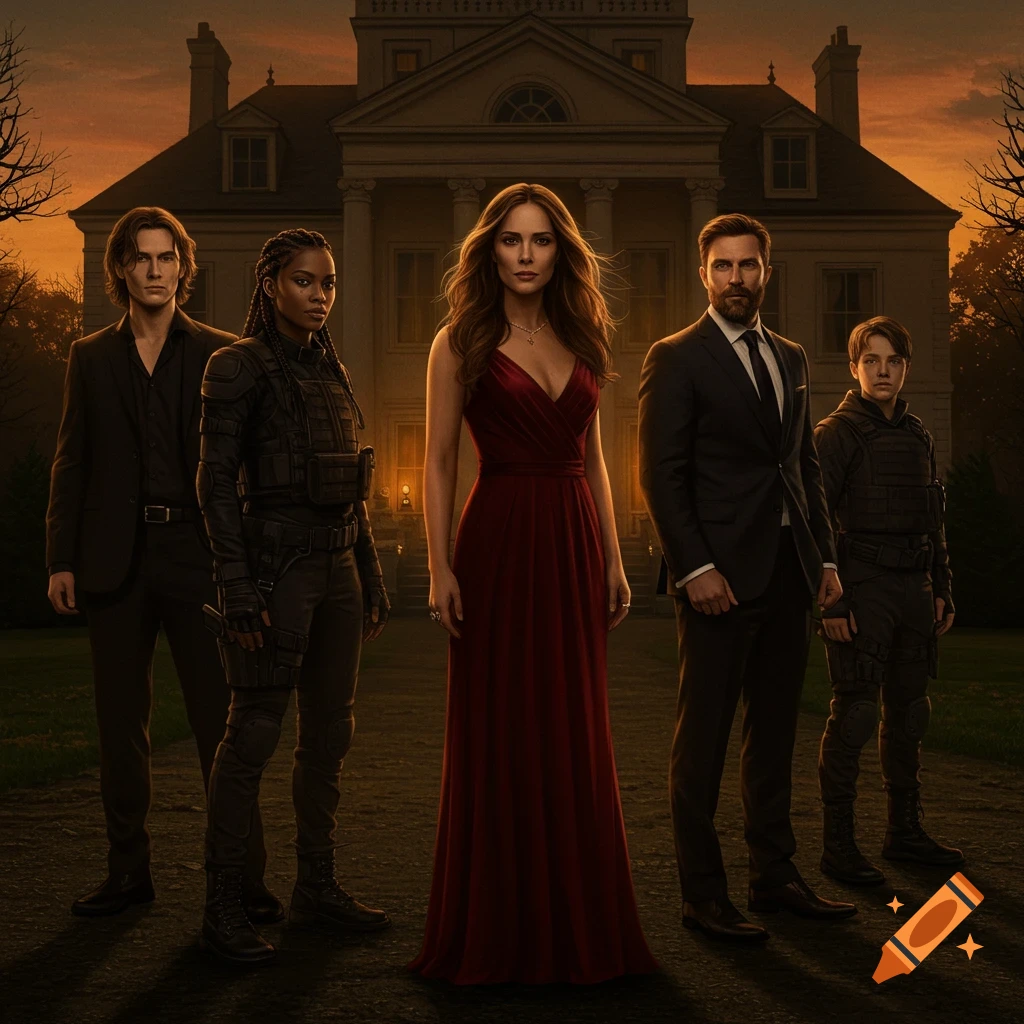 A dramatic, painterly portrait of five people standing in front of a large mansion at dusk, evoking suspense.
