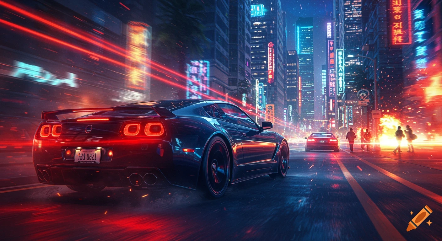 A black sports car with red taillights speeds down a neon-lit futuristic city street at night, with motion blur and glowing red trails.