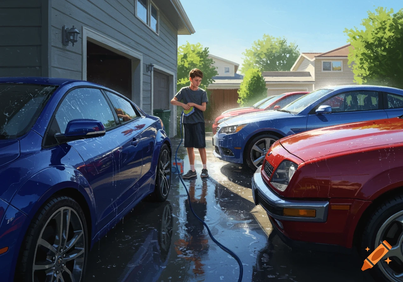 A teenager washes multiple cars in a sunny suburban driveway, with water and soap suds on the ground.