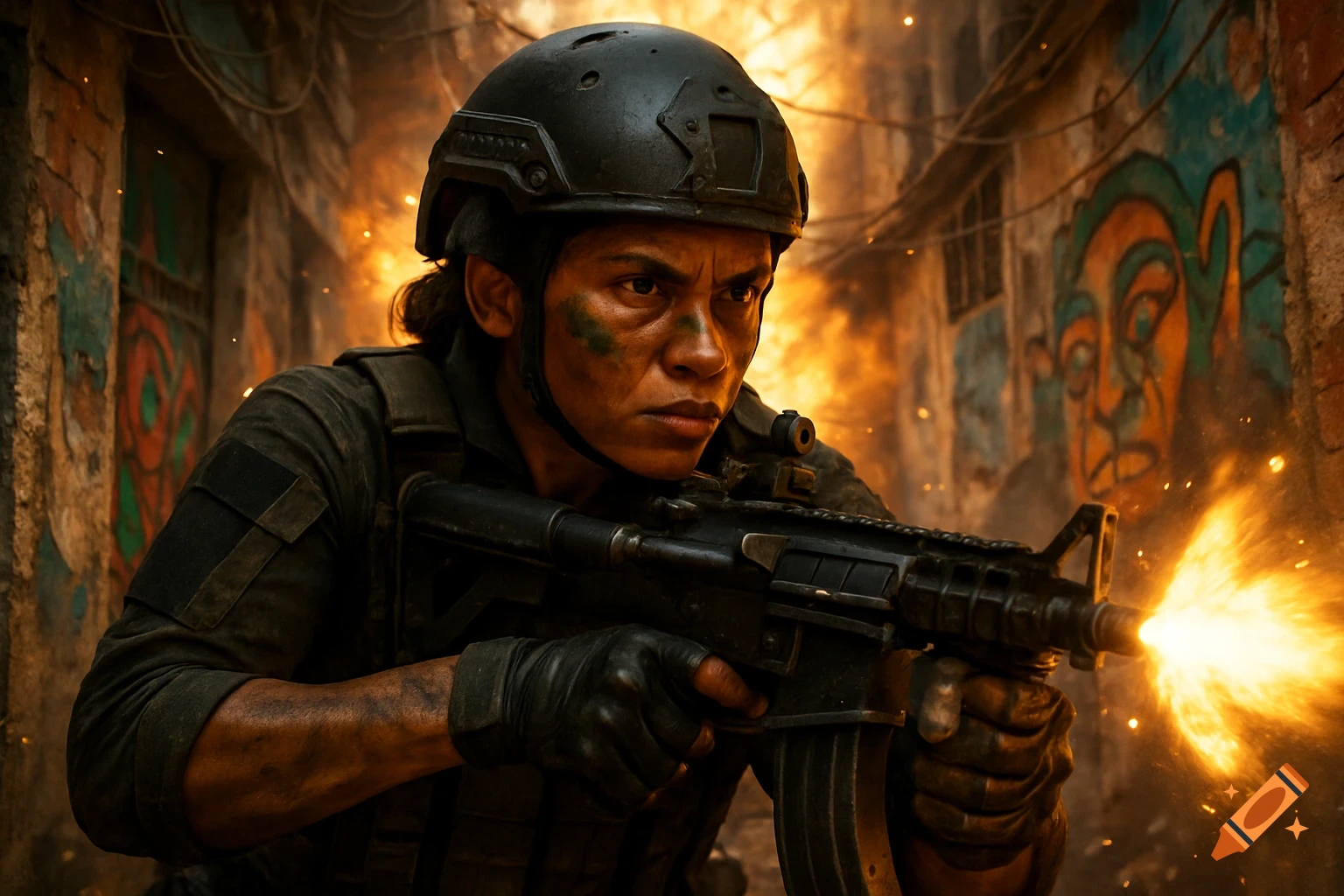 Ultra-realistic CGI poster of a Latina special forces soldier firing an assault rifle in a chaotic favela alley.