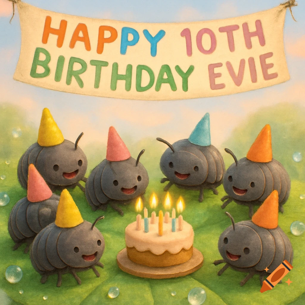 Cute cartoon pill bugs in party hats gathered around a birthday cake under a banner reading 'Happy 10th Birthday Evie'.