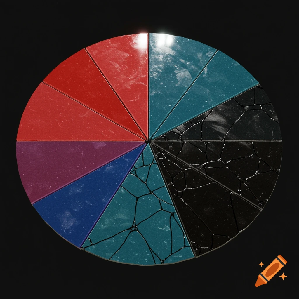 A top-down view of a circular abstract design segmented into twelve colorful wedge-shaped pieces. Some pieces are solid red, purple, blue, and teal. Other pieces on the right side are black or teal with a fractured, cracked texture.
