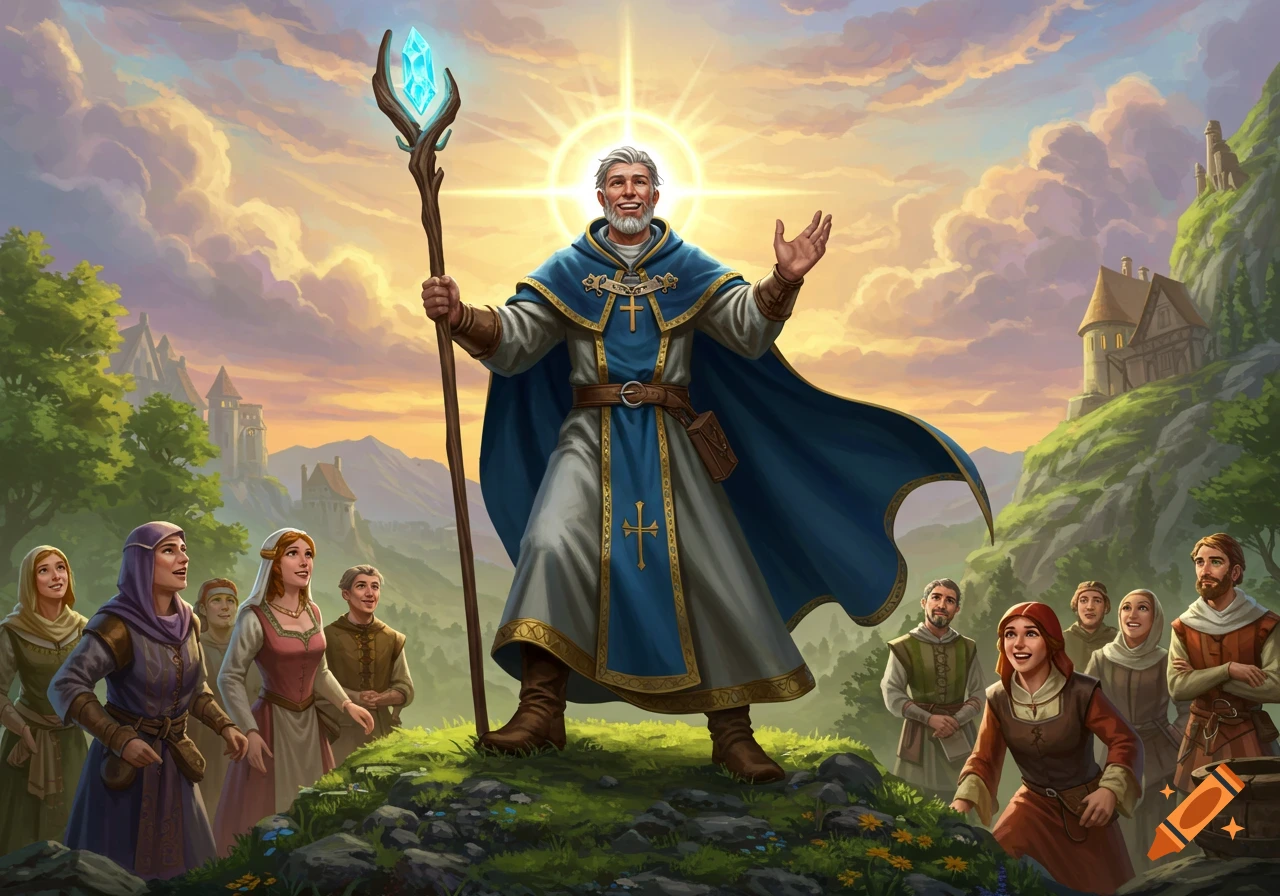 A smiling cleric in blue and white robes stands on a hill, holding a glowing staff, addressing a crowd of villagers at sunset in a vibrant fantasy art style.