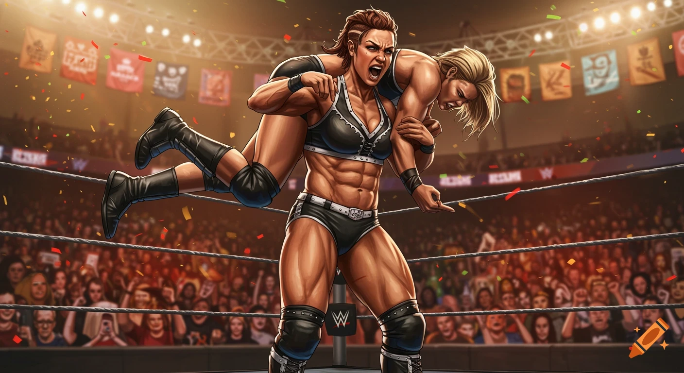 A stylized illustration of two muscular female wrestlers in a ring, one performing a fireman's carry on the other, with a crowd cheering.