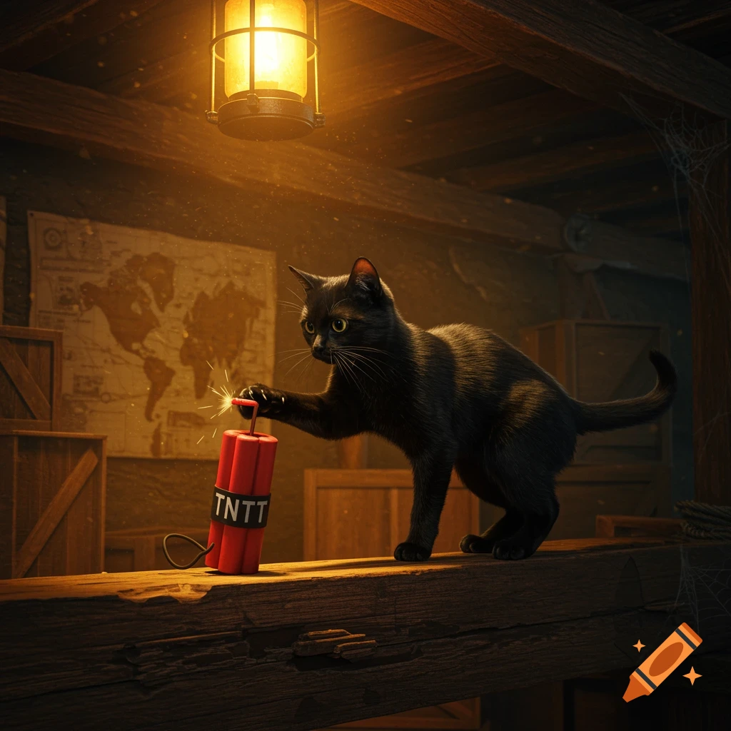 A black cat on a wooden beam with its paw on a red stick of dynamite, with a lit fuse, in a dimly lit attic.