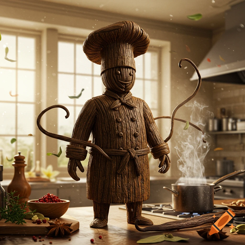 A photorealistic chef figure made of woven vanilla bean pods stands in a detailed kitchen with spices and a steaming pot.