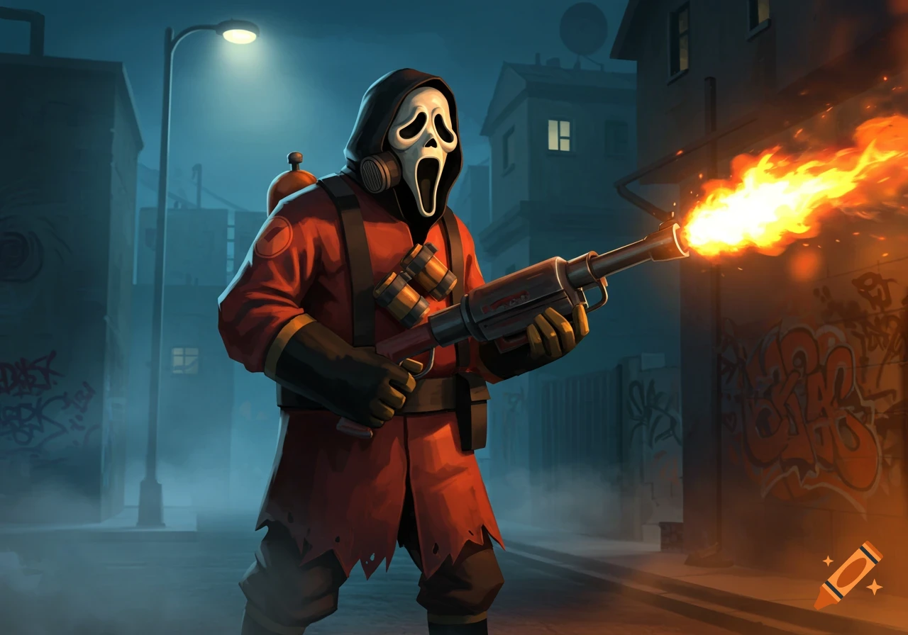 A character in a red suit and Ghostface mask holds a flamethrower, spewing fire in a dark, graffiti-covered alley. Stylized illustration.