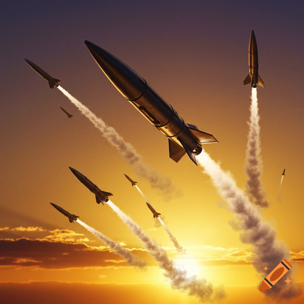 Multiple rockets launch into a dramatic sunset sky.