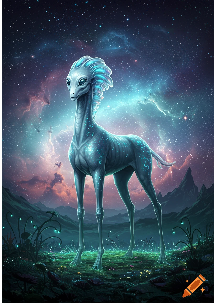 An alien horse-like creature with glowing blue features stands in a lush, alien landscape under a starry, nebula-filled sky.