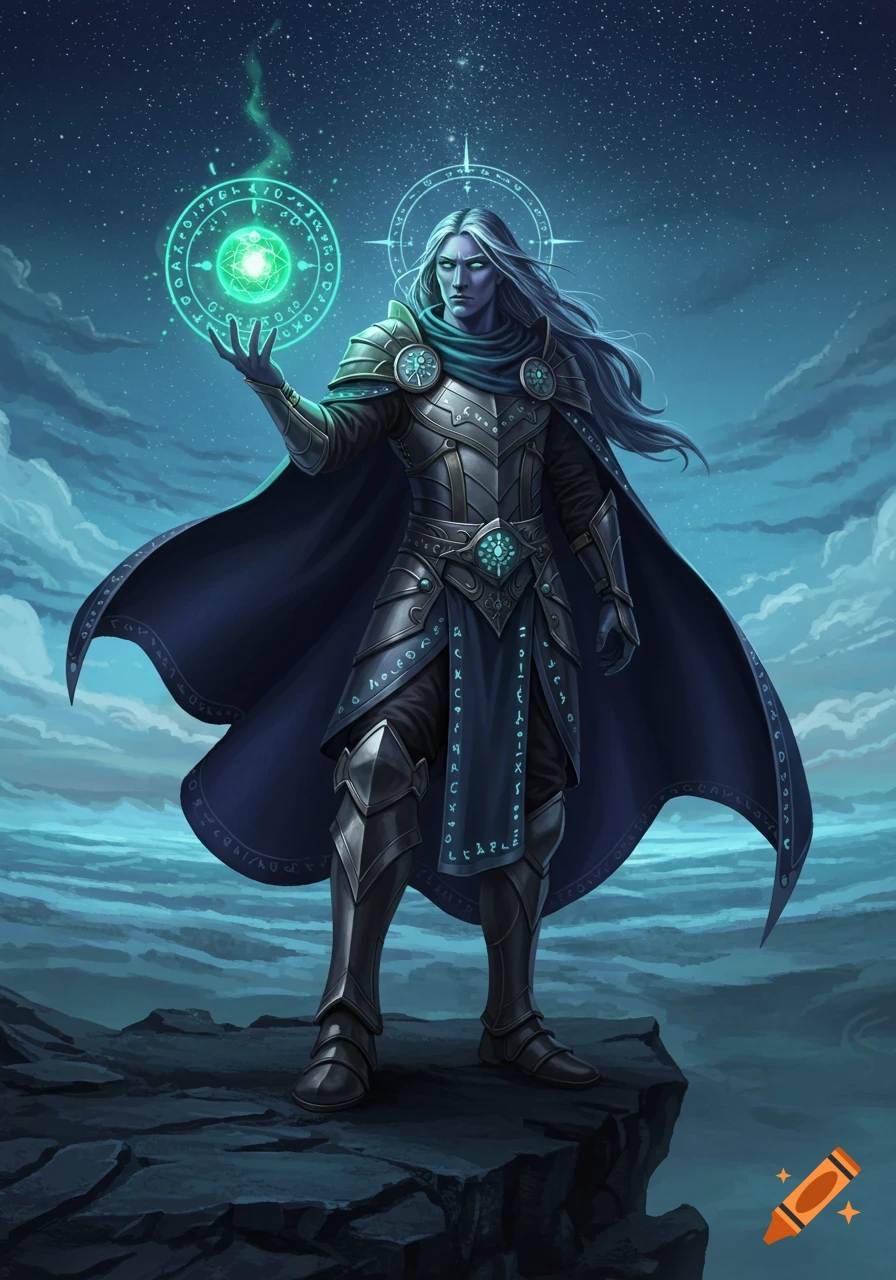A long-haired fantasy sorcerer in dark armor and cape, holding a glowing green magical orb, stands on a rocky cliff under a starry night sky.