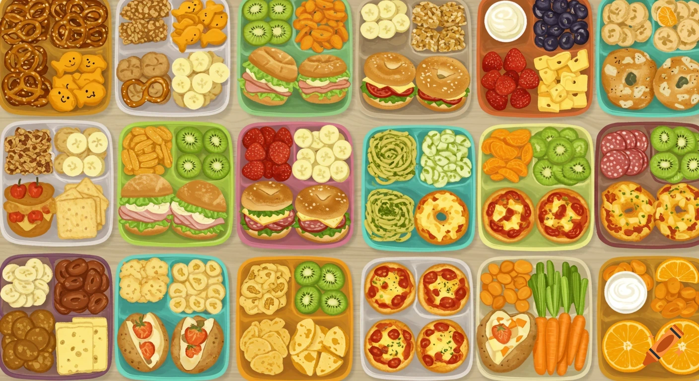 An overhead view of 20 colorful school lunchboxes, each filled with various food items like sandwiches, fruits, vegetables, snacks, and small pizzas.