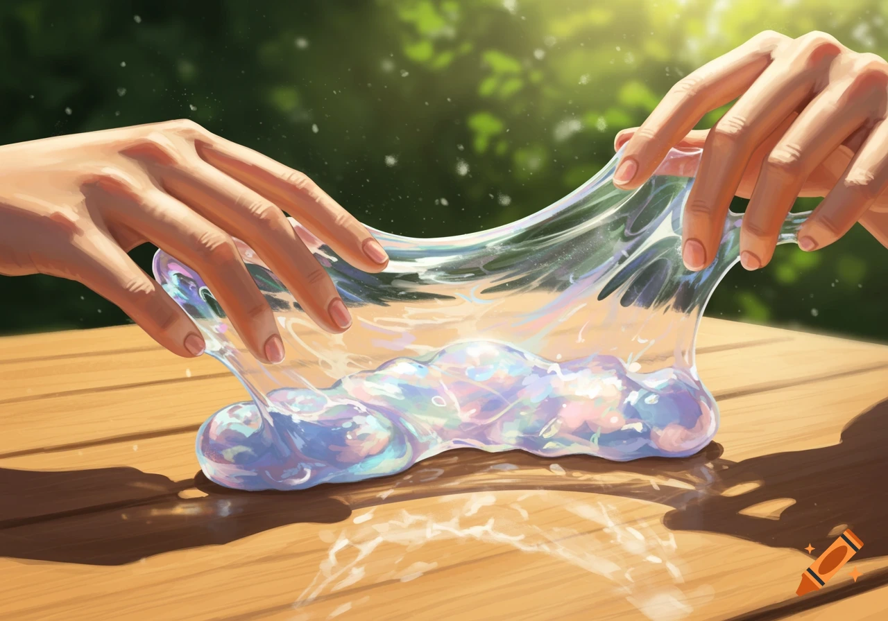 Two hands stretch iridescent, colorful slime on a wooden table outdoors.