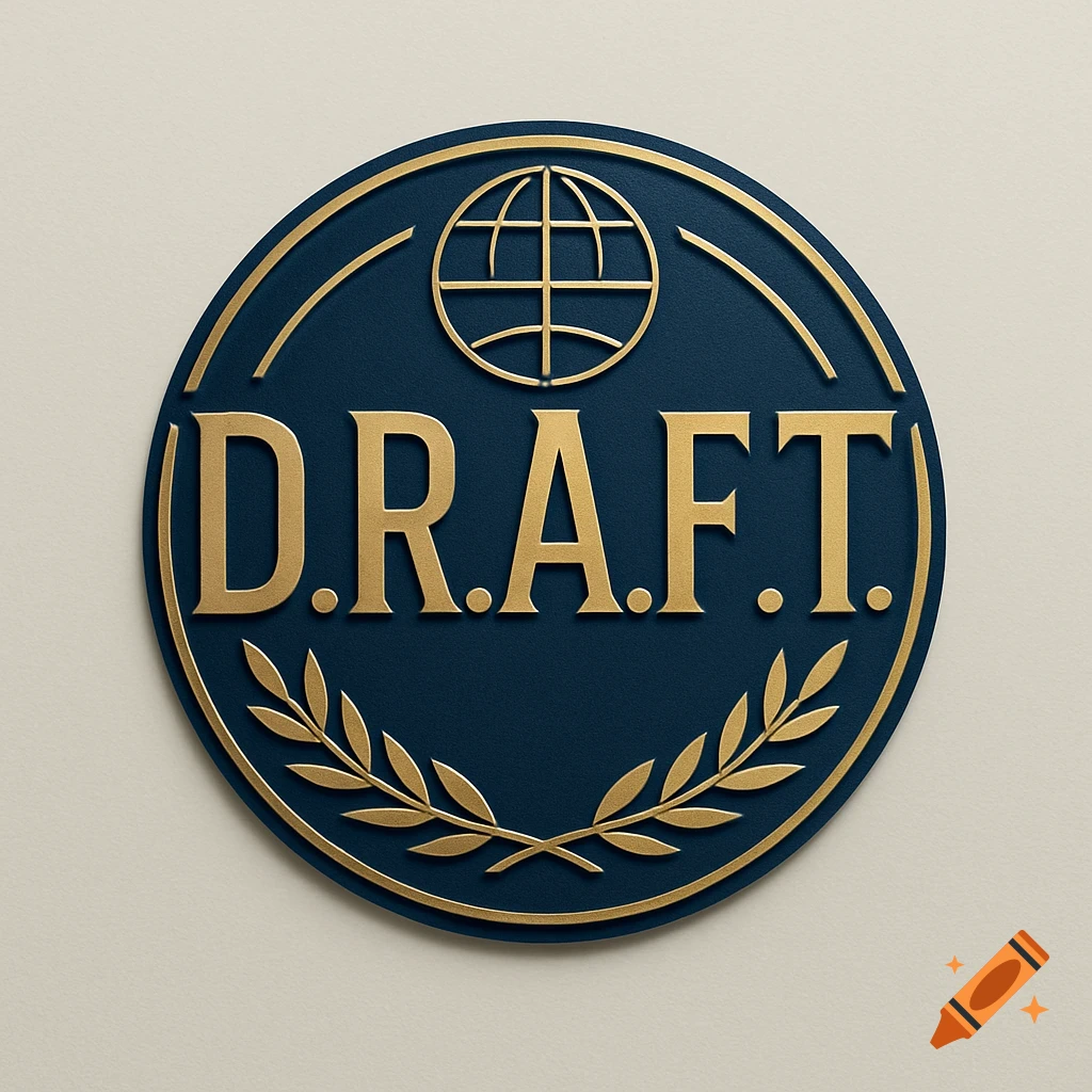A circular, dark blue logo with golden embossed text 'D.R.A.F.T.', a globe, and a laurel wreath.