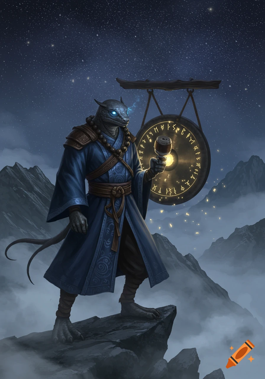 A reptilian monk in blue robes stands on a mountain at night, holding a mallet near a glowing gong with runes.
