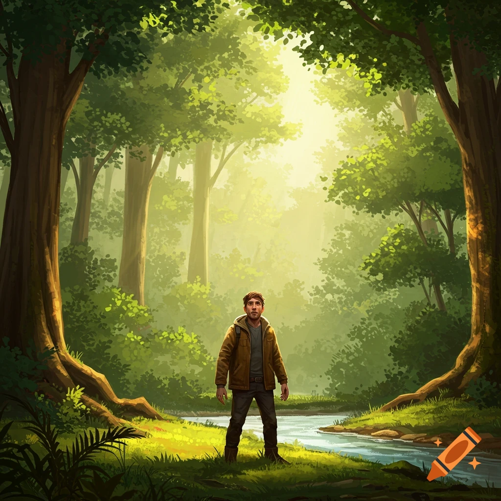 A man stands in a lush, sunlit forest beside a stream, looking up. Digital illustration.