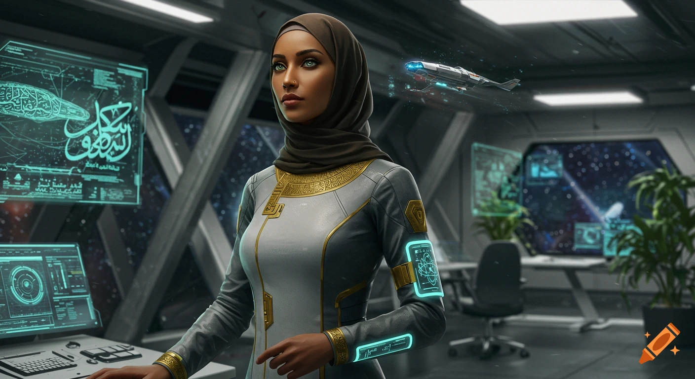 A woman in a hijab and futuristic uniform stands in a sci-fi control room with glowing screens, a spaceship visible through the window.