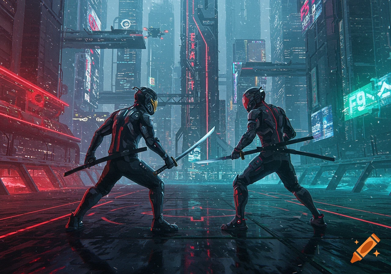 Two armored figures with swords face off in a neon-lit futuristic cyberpunk city with flying drones.