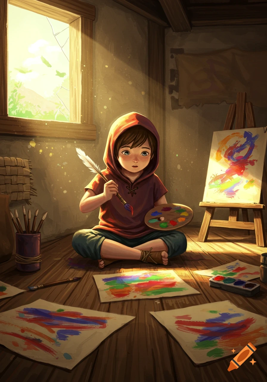 A young child in a red hoodie sits on a wooden floor, painting with a brush and palette. Colorful artwork is scattered around in sunlit room.