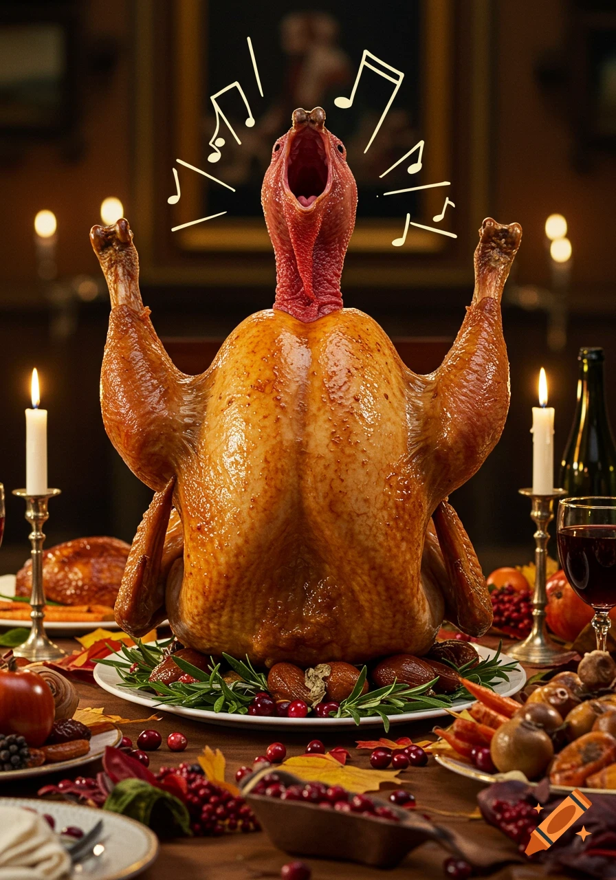 A roasted turkey with a live head screams, surrounded by floating musical notes on a festive dinner table.