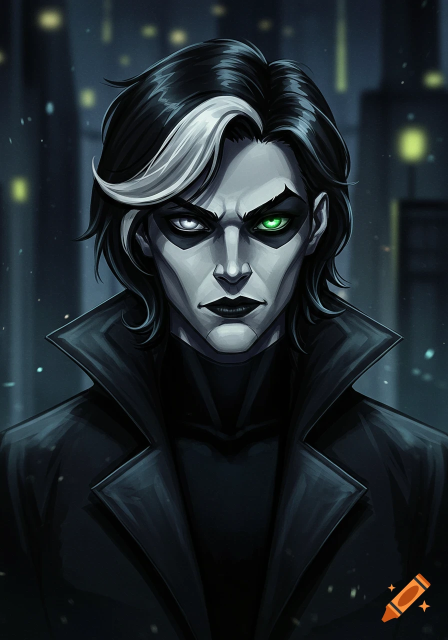 A portrait of a character with black hair, a white streak, and mismatched white and green eyes, wearing a dark trench coat against a city background in a comic art style.