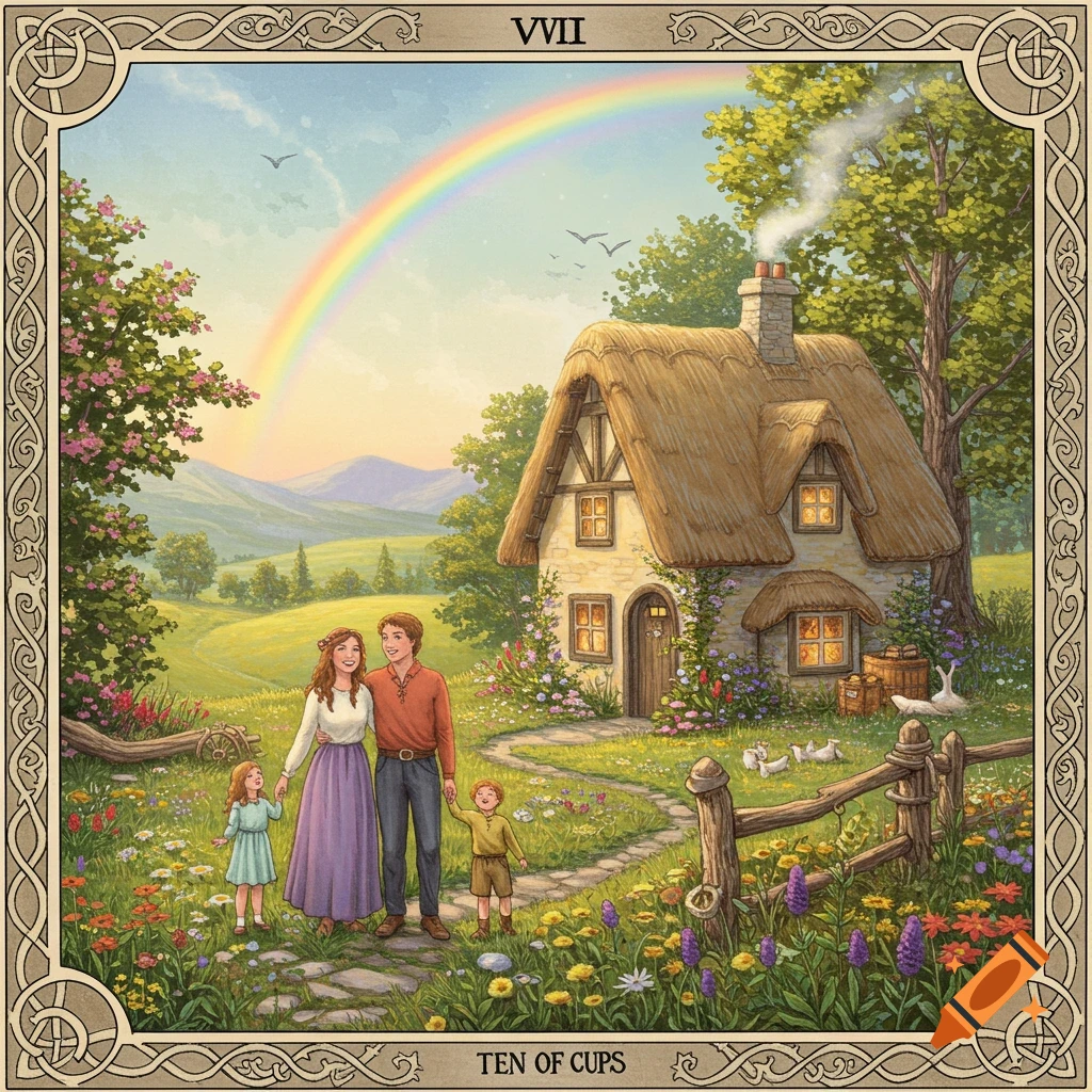 A colorful tarot card showing a happy family of four in a lush green landscape with a thatched cottage and a rainbow.