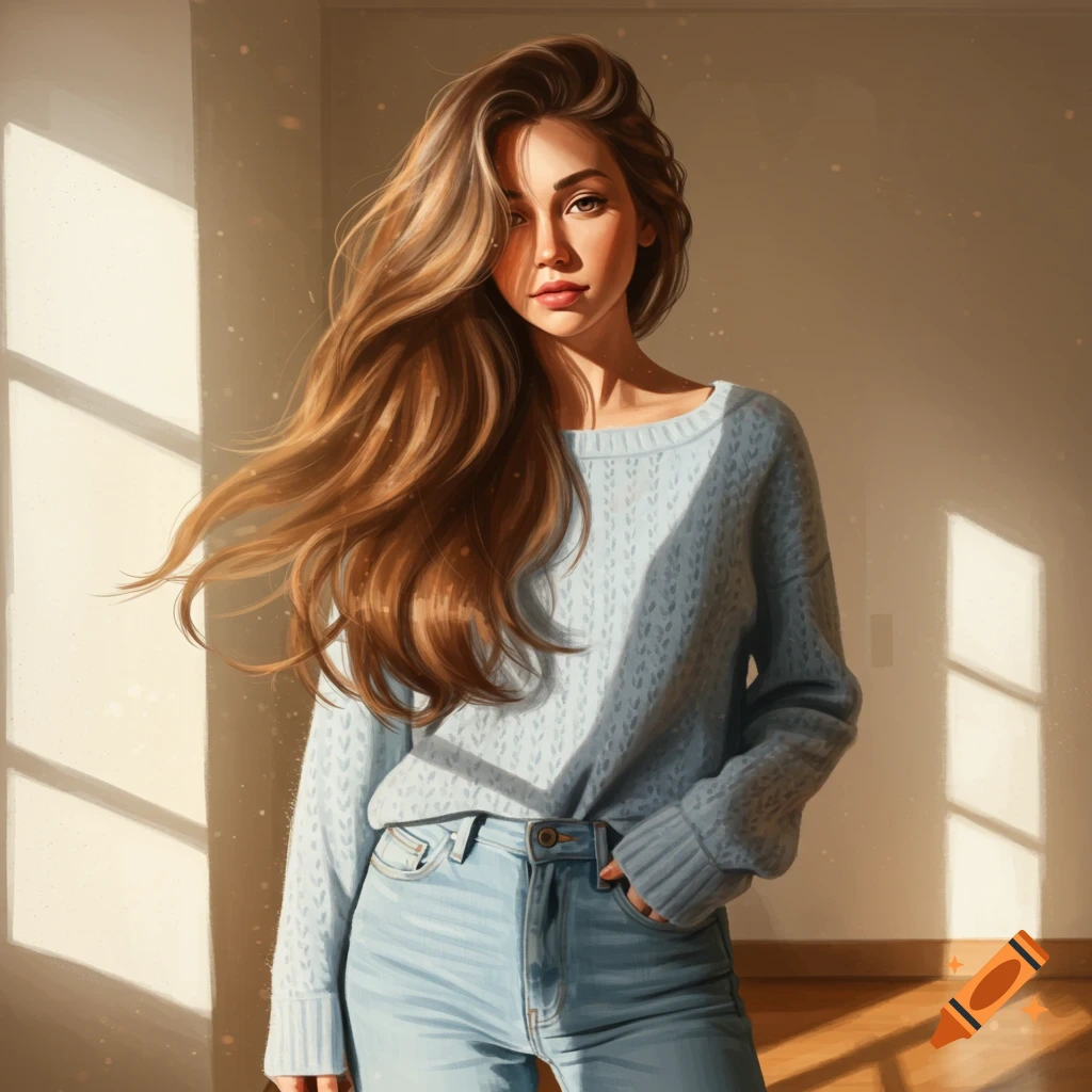 A young woman with long, wavy brown hair, wearing a light blue sweater and jeans, stands in a sunlit room. Digital art.