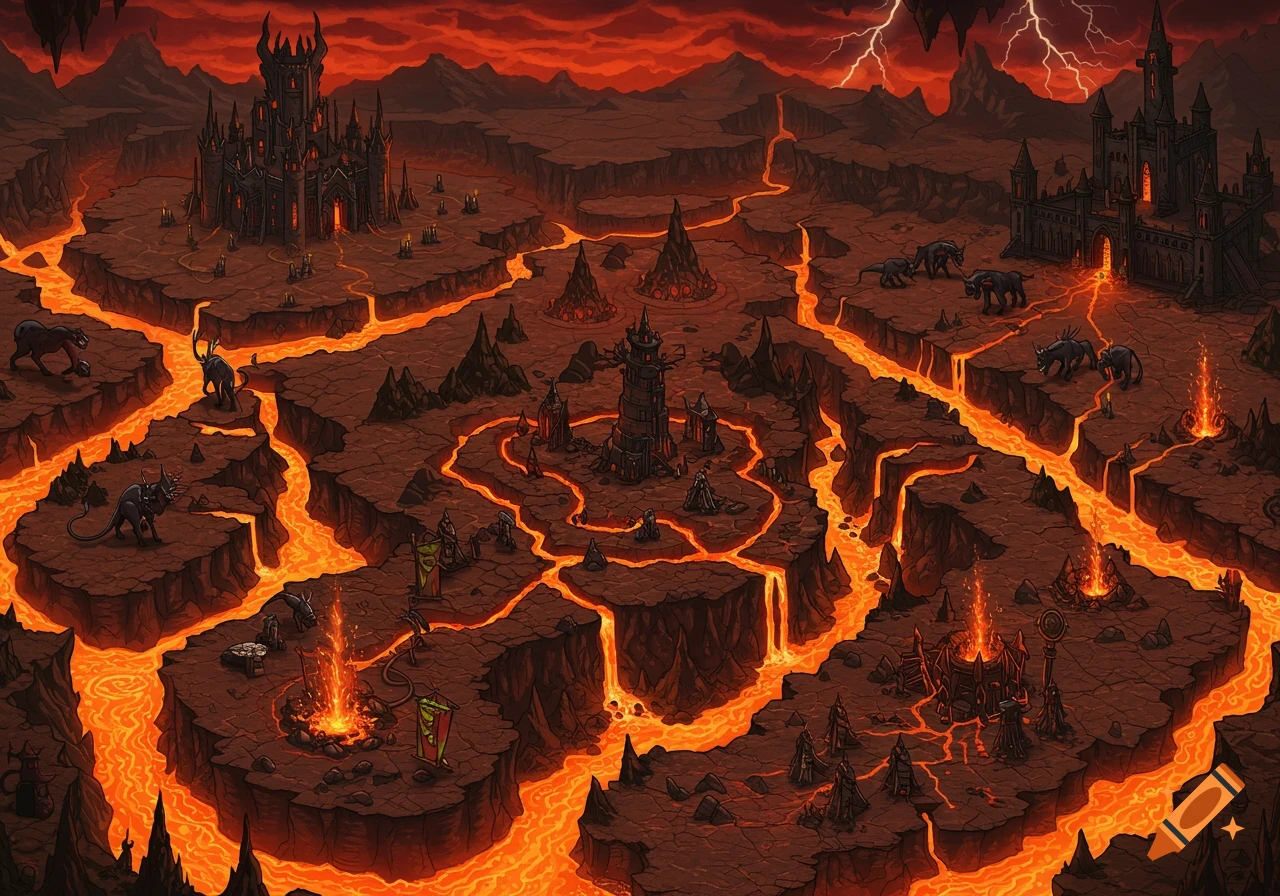 A top-down fantasy map of a hellish landscape with dark castles, rivers of molten lava, and various monstrous creatures.