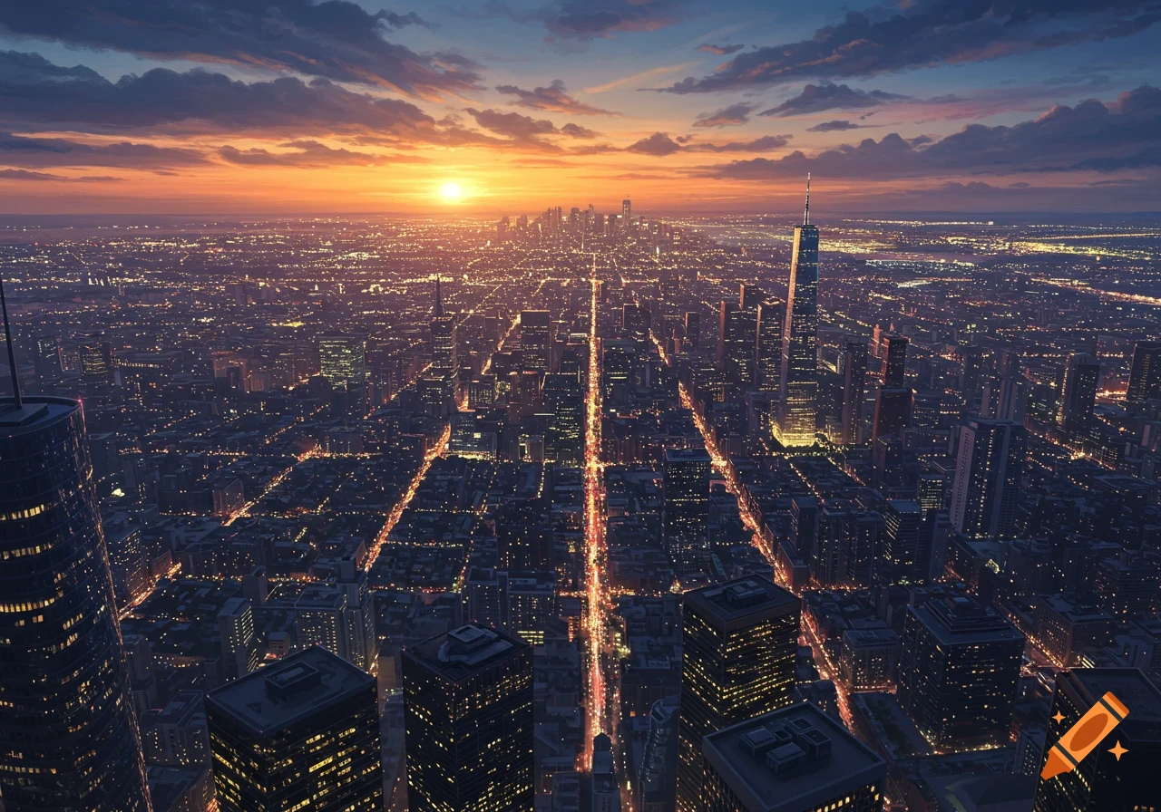 Aerial view of a sprawling city at sunset, with illuminated buildings, bright streets, and an orange sky.