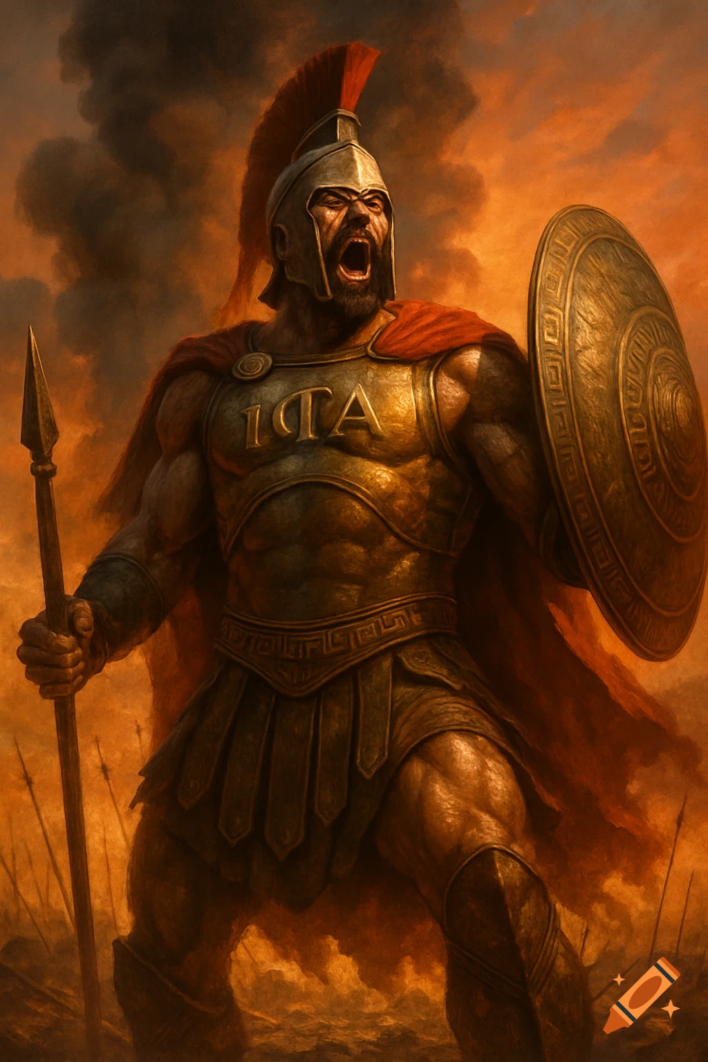 A fierce Spartan warrior in bronze armor and a red cape screams, holding a spear and shield against a fiery, smoke-filled battlefield.