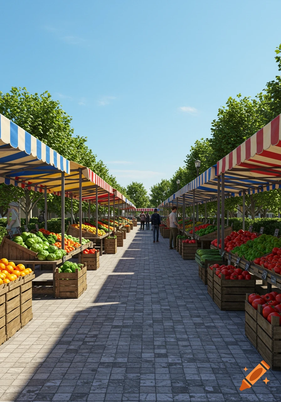 A sunny, photorealistic farmers market with striped awnings covering stalls full of oranges, greens, and tomatoes, lining a paved walkway.