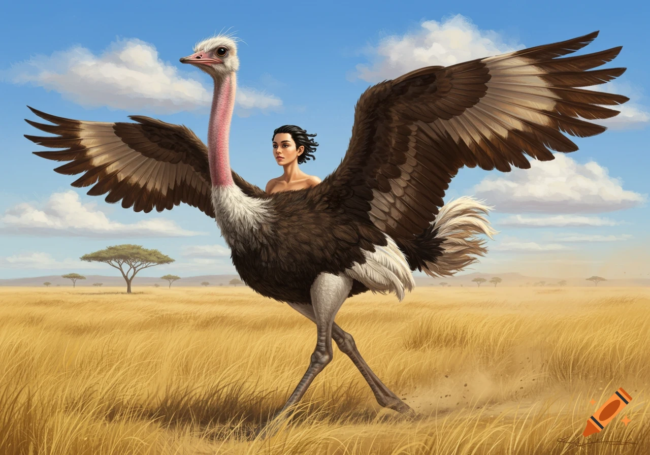 A human torso emerges from the back of a large ostrich, walking through a golden savanna landscape.