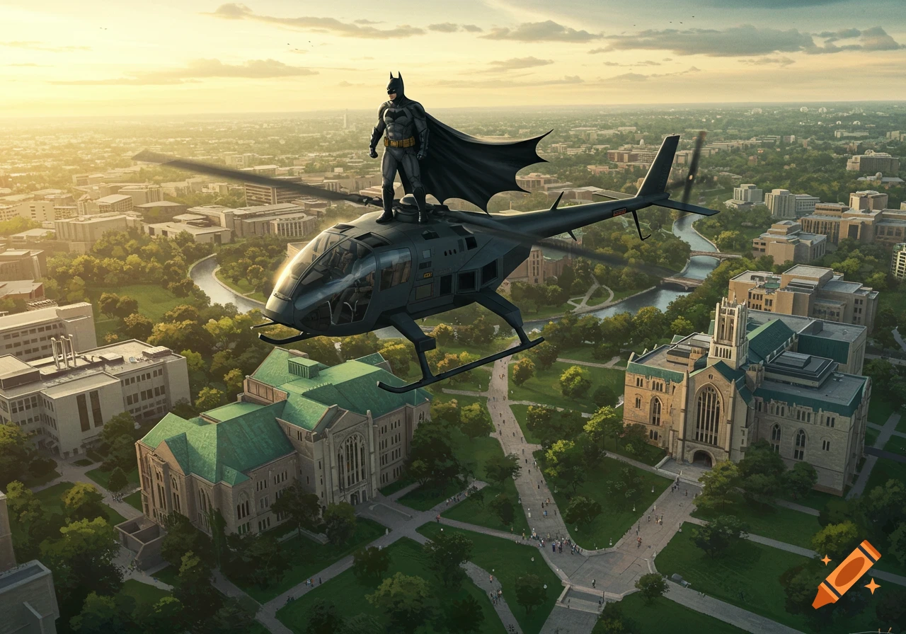 Batman stands heroically on a helicopter flying over a university campus cityscape at sunset.