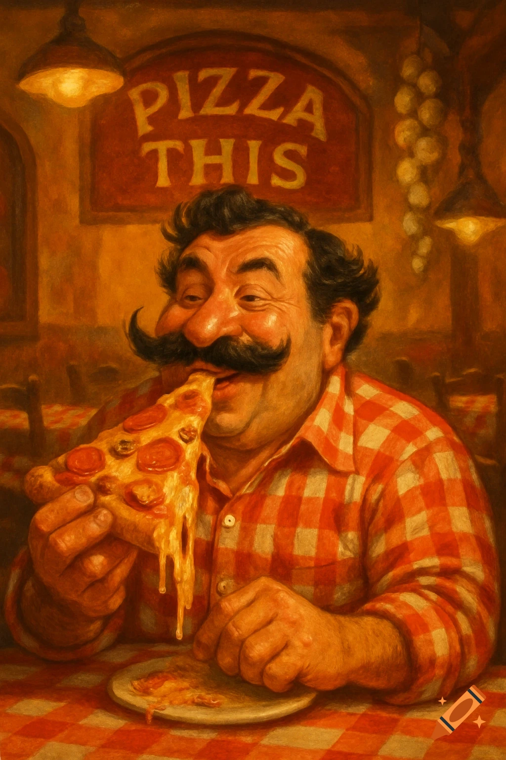 A jovial, moustached Italian man in a red plaid shirt happily eats a cheesy, dripping slice of pepperoni pizza at a restaurant called "Pizza This."