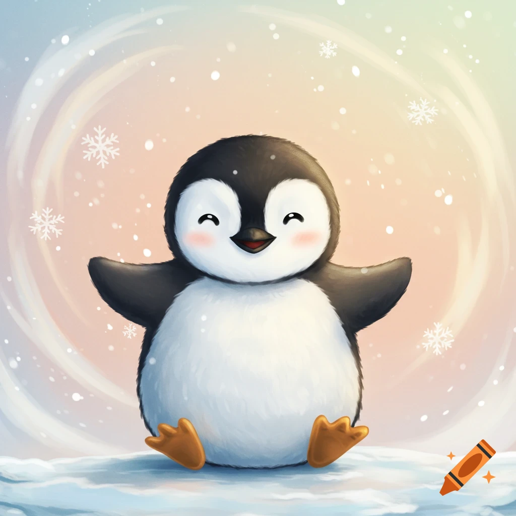 A cute cartoon penguin with rosy cheeks, happy eyes, and outstretched wings sits in a snowy wonderland with falling snowflakes.