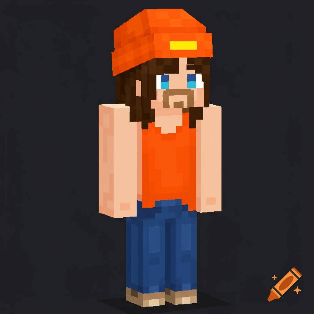 A pixel art Minecraft character with brown hair, blue eyes, mustache, and soul patch, wearing an orange beanie, orange tank top, blue jeans, and beige shoes.