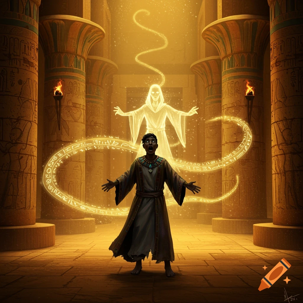 A man in ancient Egyptian attire screams with arms outstretched, as a glowing ghostly figure and magical hieroglyphs swirl around him in a golden temple.