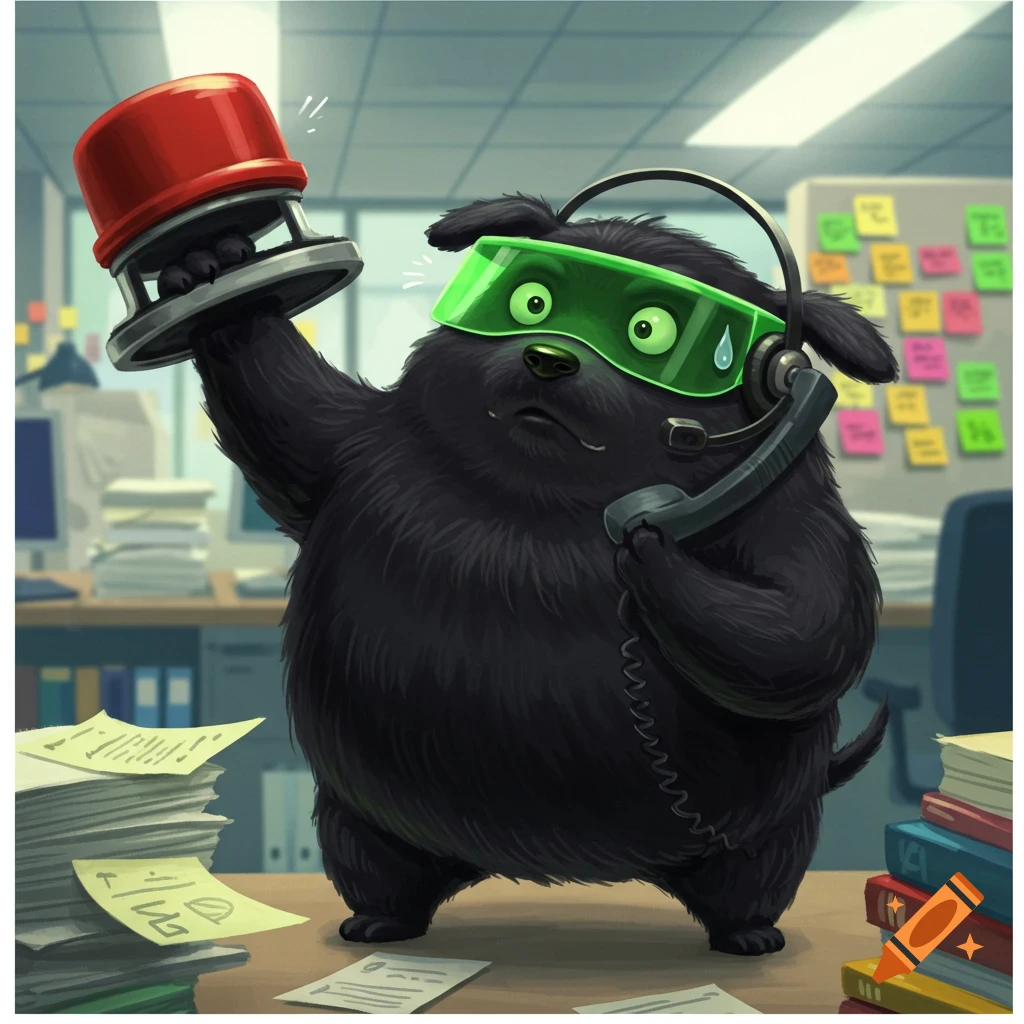 A worried bipedal black fluffy cartoon dog in an office, wearing a green visor and headset, holding up a red alarm light.