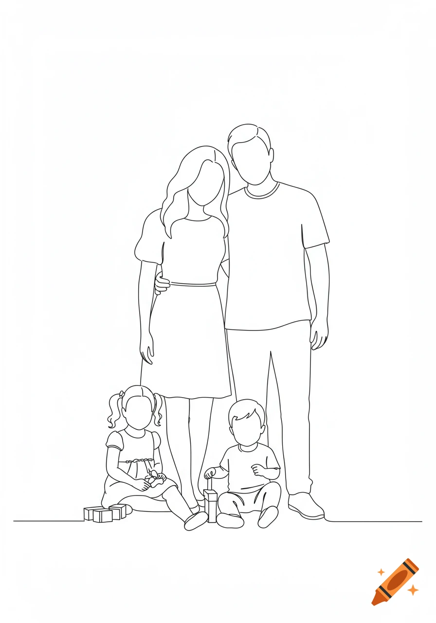 Line art illustration of a family with a mother, father, daughter, and son on a white background.