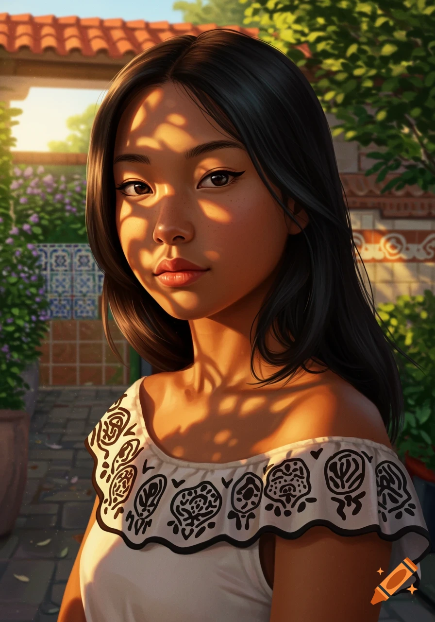 A young woman with dark hair wearing a white patterned off-shoulder top, illuminated by dappled sunlight in an outdoor setting.
