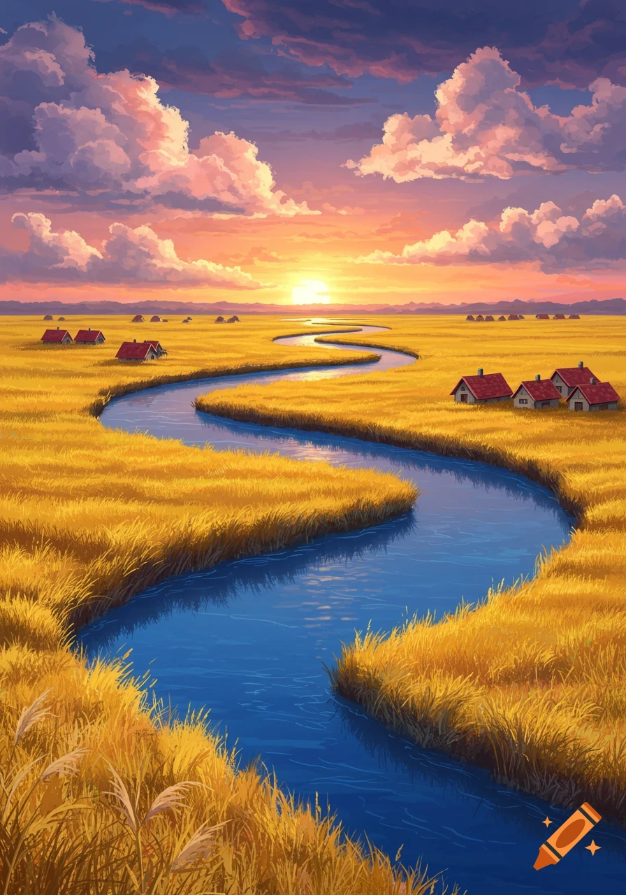 A vibrant digital painting of a winding blue river through golden fields with cottages under a sunset sky.