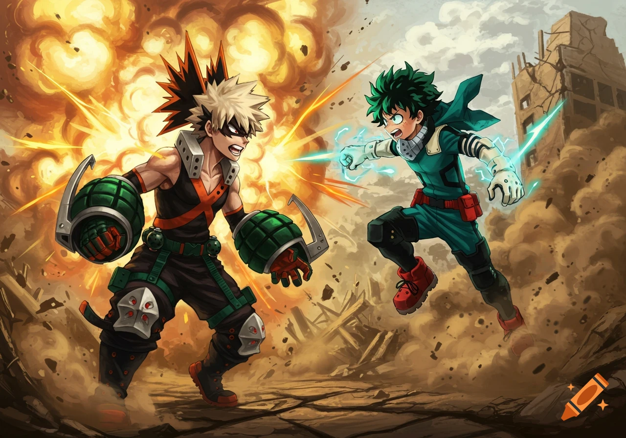 Anime characters Bakugo and Izuku battle amidst explosions and debris in a dynamic scene.