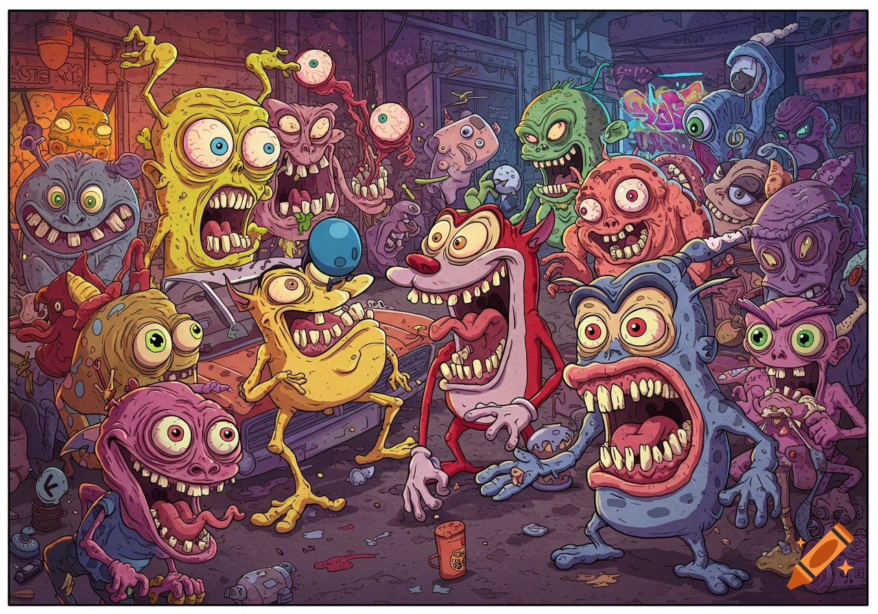 A chaotic crowd of colorful, grotesque cartoon monsters with exaggerated features, in a style similar to Ren and Stimpy, in an urban alleyway.