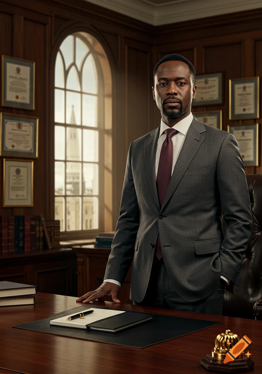 Photorealistic portrait of a man in a suit standing in a classic office with wood paneling and framed certificates.