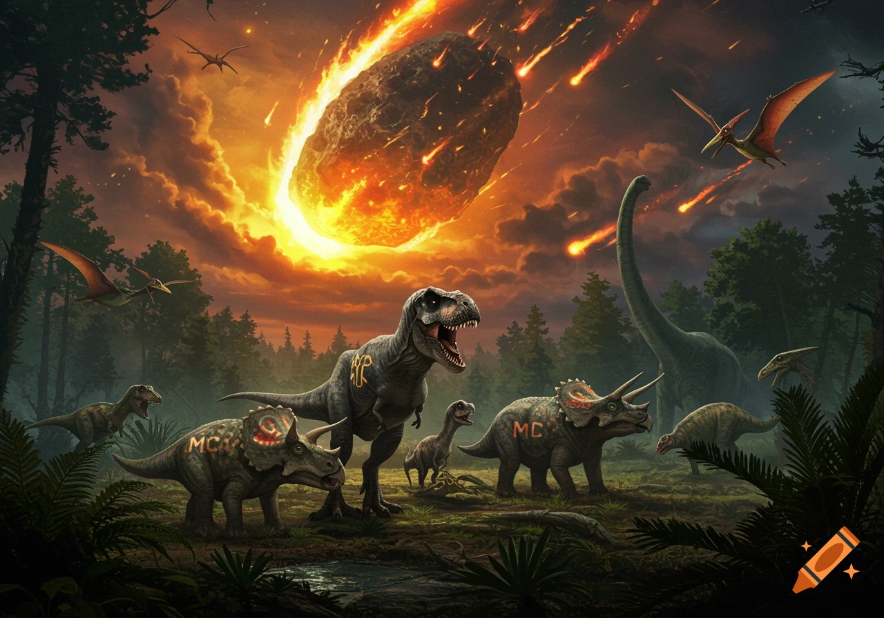 Dinosaurs with 'MC' tattoos scatter as a giant fiery meteor crashes towards earth in a prehistoric forest.