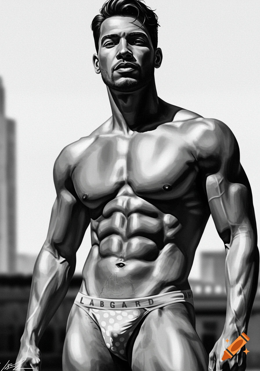 A black and white digital art portrait of a highly muscular man wearing briefs, looking directly at the viewer.