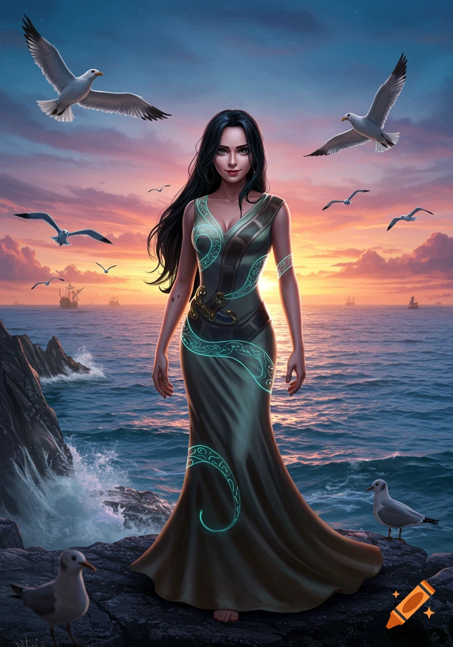 A beautiful woman with long dark hair in an ornate green dress stands barefoot on rocks by the sea at sunset, surrounded by flying seagulls. Fantasy art style.