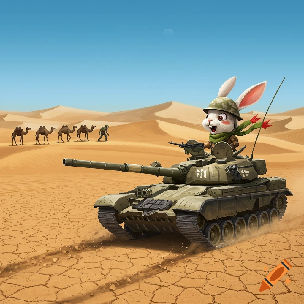 A cartoon rabbit in a helmet drives a military tank across a cracked desert. Camels and a person walk in the background.