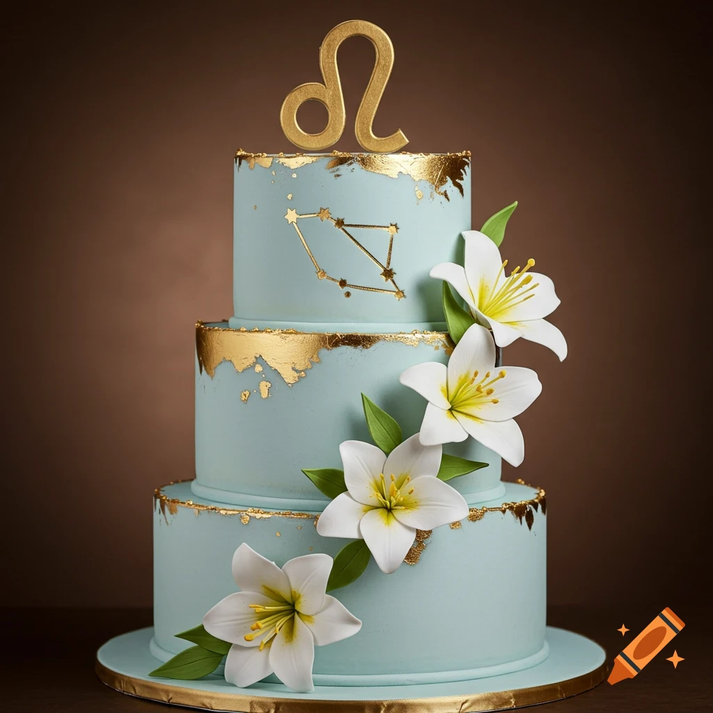 A three-tiered light blue cake with gold accents, white lilies, and a golden Leo zodiac symbol on top.