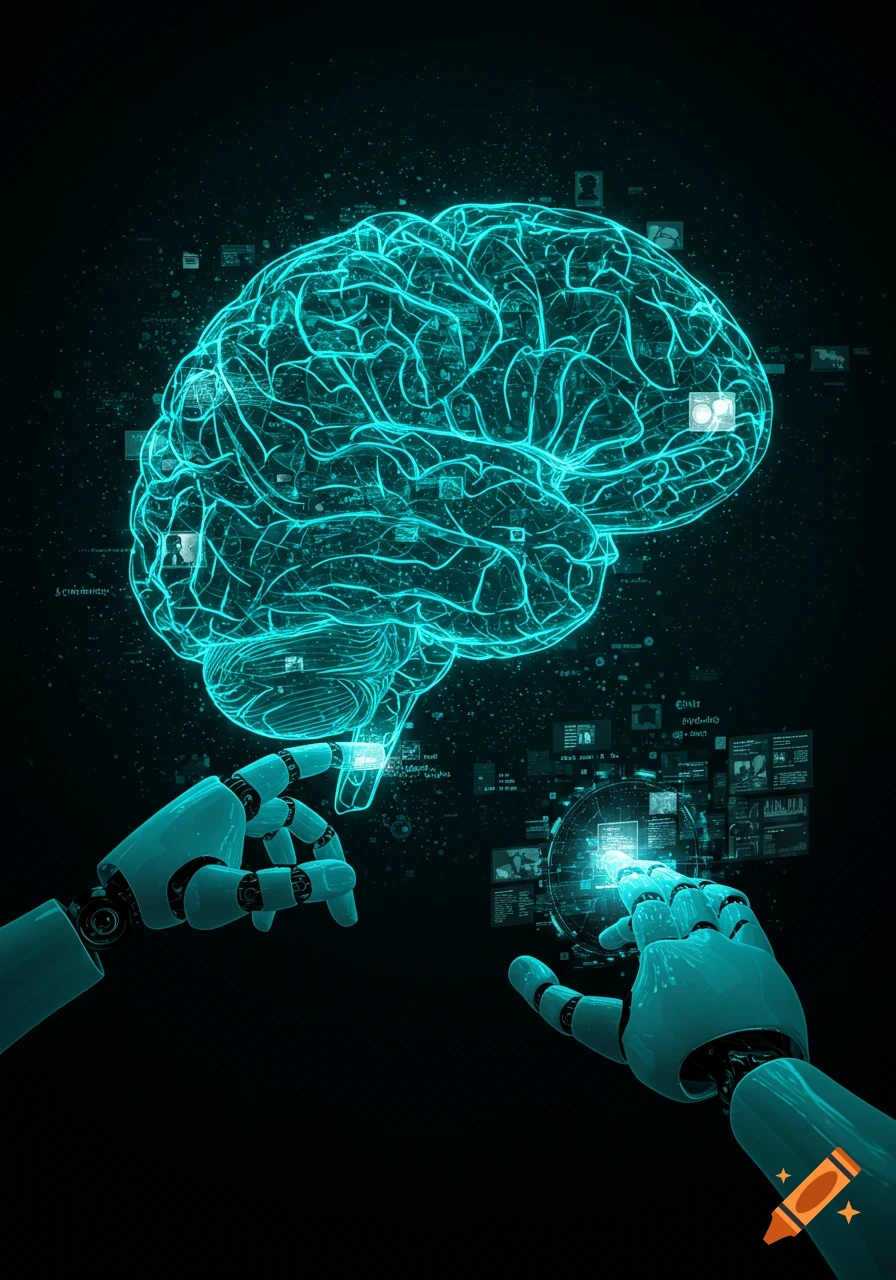 Glow-in-the-dark blue brain with robotic hands interacting with holographic data on a black background.