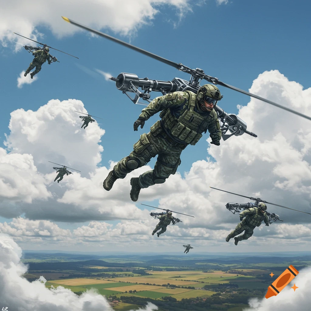 Photorealistic image of soldiers with helicopter blades attached to their lower backs, flying through a cloudy sky above a landscape.